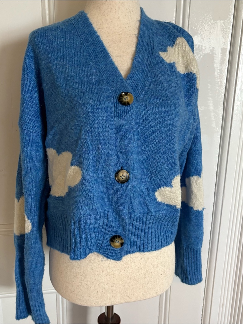 Blue Cloud Cardigan Fuzzy Knit Sweater Size Small Whimsical Sky Print